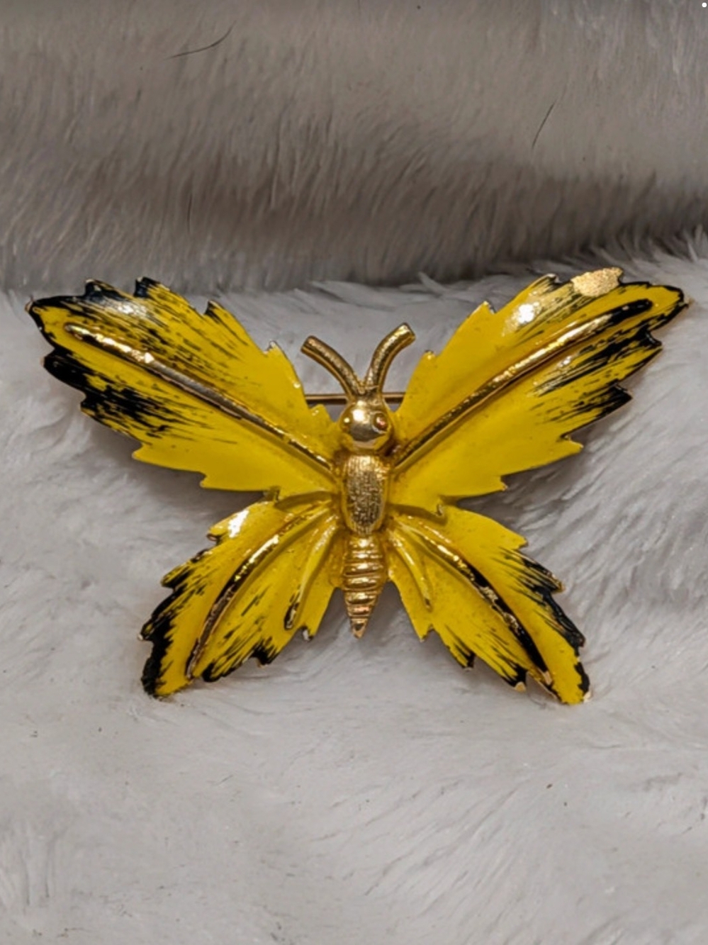 Gold-Tone Yellow Butterfly Brooch with Black Accents